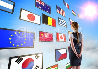 panel with flags in the sky. Business woman with plait