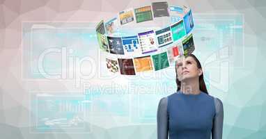 Digital composite image of woman looking at various web pages