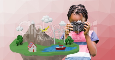 Girl photographing low poly cliff