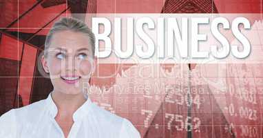 Smiling businesswoman looking at business text