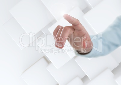 Hand touching  air with minimal white background shapes