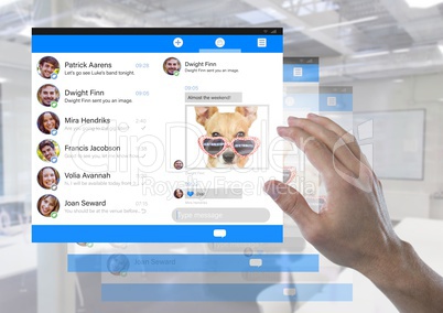 Hand touching Social Media Messenger App Interface