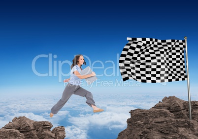 businesswoman with carpet jumping on the rocks to arrive to the checker flag