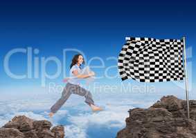 businesswoman with carpet jumping on the rocks to arrive to the checker flag