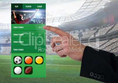 Hand touching a Betting App Interface stadium