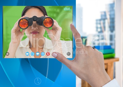 Hand touching Social Video Chat App Interface with woman holding binoculars