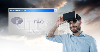 Portrait of smiling man with VR Glasses by dialog box against cloudy sky