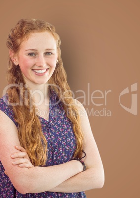 Portrait of woman with long blond hair over colored background