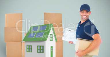 Delivery man with parcel and house