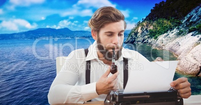 Hipster smoking pipe while using typewriter against lake
