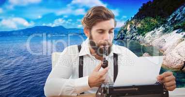 Hipster smoking pipe while using typewriter against lake