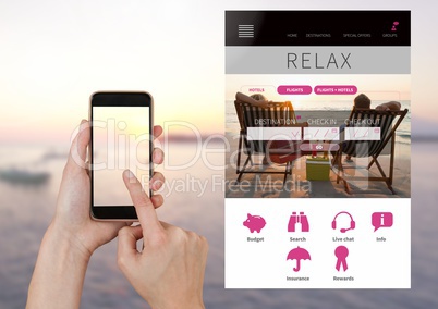 Hand Touching phone and relaxing holiday break App Interface with sea