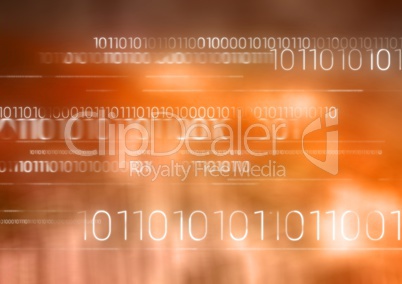 White binary code against orange bokeh