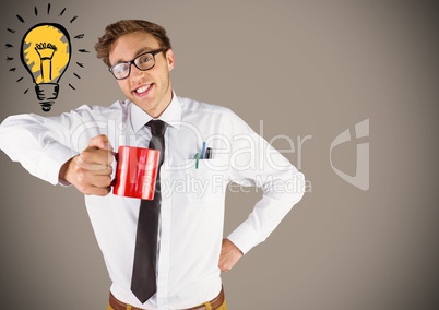 Business man with red mug and lightbulb doodle against brown background