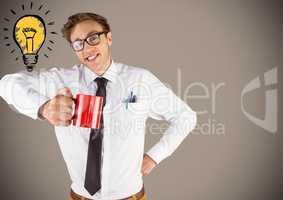 Business man with red mug and lightbulb doodle against brown background
