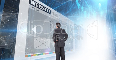 panels with websites corridor. business man looking to one of them
