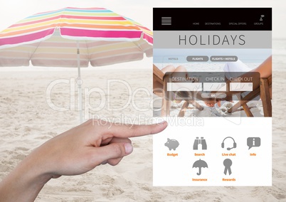 Hand Touching Holiday break App Interface on beach