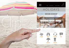 Hand Touching Holiday break App Interface on beach