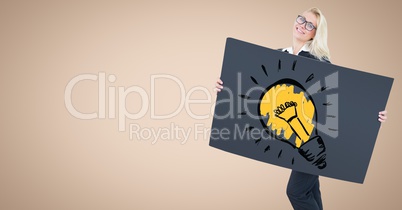 Business woman with giant card and lightbulb doodle against cream background