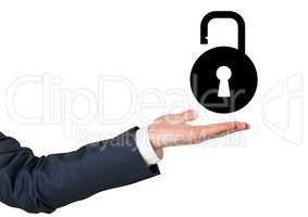 Business man hand with black lock graphic