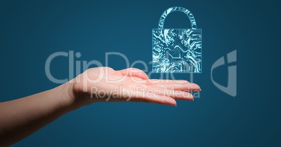 Hand with blue lock graphic over palm against blue background