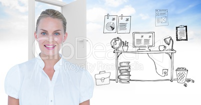 Smiling businesswoman with graphics in background