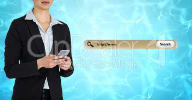 Midsection of businesswoman holding smart phone with search screen in background 32