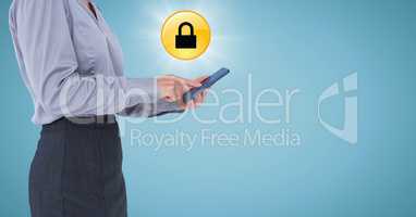 Business woman with tablet and yellow lock graphic with flare against blue background