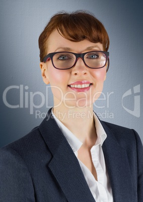 Close up of business woman with glasses against navy background