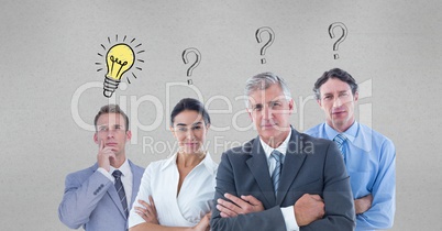 Confident business people with question marks and light bulb