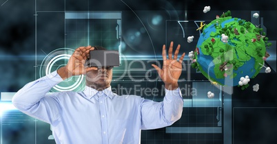 Businessman looking at low poly earth on VR glasses