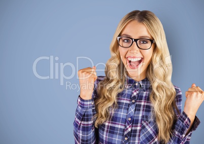 Excited woman screaming against blue background