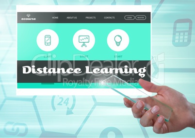 Hand with mobile phone touching a Distance Learning App Interface