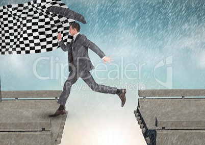 businessman with umbrella arraiving to the checker flag in a  broken bridge