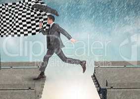 businessman with umbrella arraiving to the checker flag in a  broken bridge
