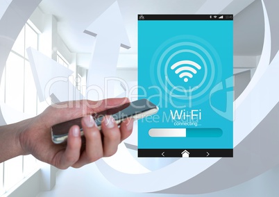 Hand holding a mobile phone and a Wi-Fi App Interface