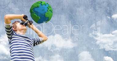 Boy looking at low poly earth through binoculars