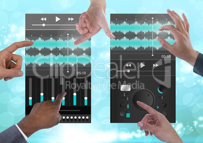 Many Hands Touching Collaborating Sound Music and Audio production engineering equalizer App Interfa