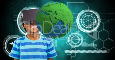 Smiling kid looking at low poly earth on VR glasses