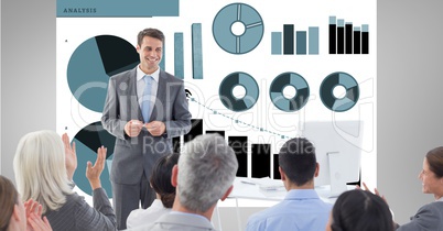 Man giving presentation to coworkers against graphs
