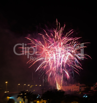 Fireworks against the night city skyline .