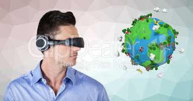 Businessman wearing VR headphones by low poly earth