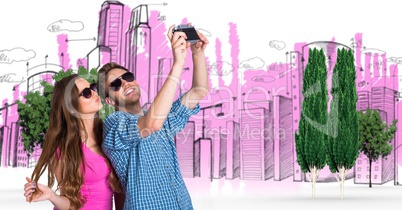 Digital composite image of couple taking selfie with buildings and trees in background