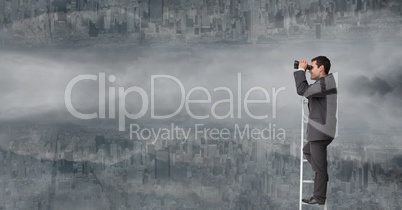 Businessman using binoculars on ladder against upside down city with clouds