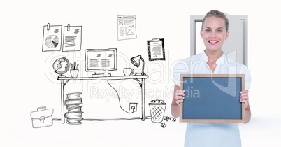 Businesswoman holding blank slate against graphics