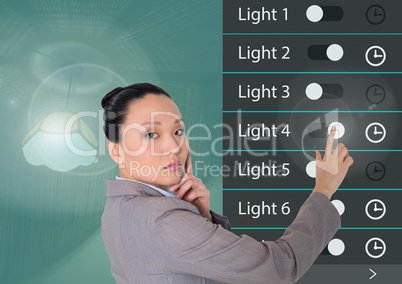 Woman touching Home automation system lighting App Interface