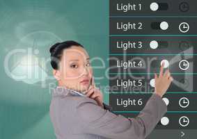Woman touching Home automation system lighting App Interface