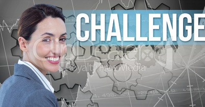 Smiling businesswoman by challenge text