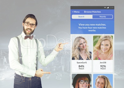 Stylish Man pointing at a Dating App Interface