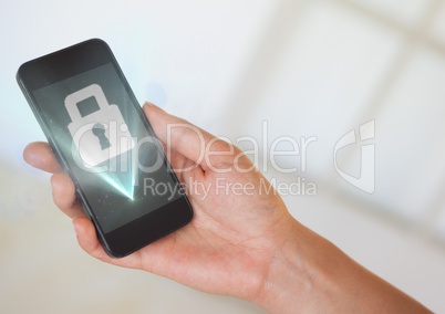 Hand with phone and lock graphic with blue flares against white background
